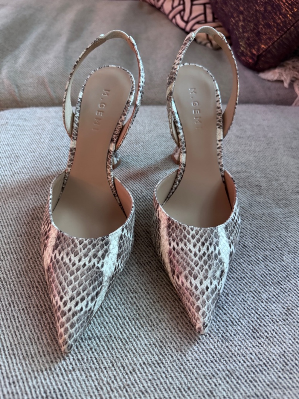 M. Gemi Snakeskin-Print Pointed Slingback Pumps in Cream and Gray